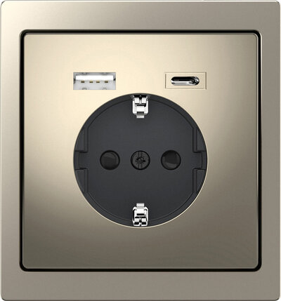 D-Life Metall, SCHUKO-Steckdose mit USB-Ladegerät A+C, Nickelmetallic